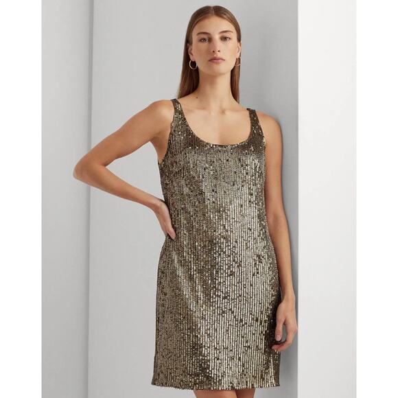 Ralph Lauren Sequined Mini Shift Cocktail Dress Size 16 Bronzed Green Sleeveless - Picture 12 of 14